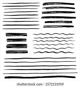 Set, collection of vector uneven lines, wavy stripes, doodle streaks, bars, rough brush strokes. Hand drawn design elements, text underline with rough edges. Waves, scribbles, banners badge templates.