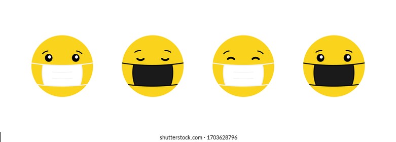 Set, collection of vector yellow smiling balls in medical face masks. Measure of protection against coronavirus, covid-19.