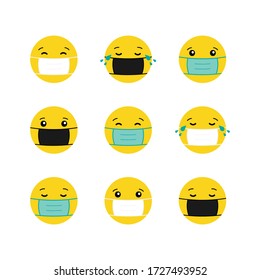 Set, collection of vector yellow smiling balls with different facial emotions, wearing medical face masks. Coronavirus, covid-19 protection.