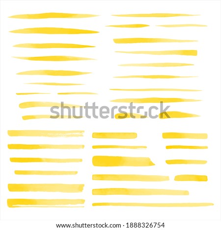 Set, collection of vector yellow watercolor brush strokes, uneven lines, rectangle stripes, underlines, doodle streaks, fusiform smears. Hand drawn design elements, text backgrounds, templates.