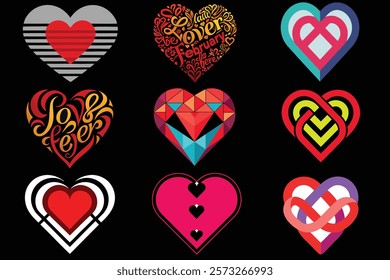 Set of  Collection of Vibrant Heart Designs for Valentine's and Romantic Themes.