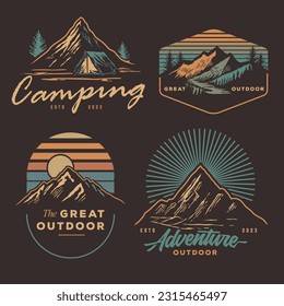 set collection of vintage adventure badge. Camping emblem logo with mountain illustration in retro hipster style.