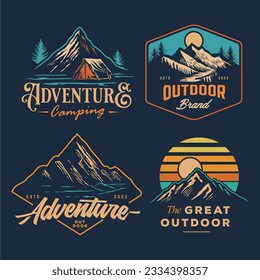 colección de insignias de aventura vintage. Logo del emblema del camping con ilustración de montaña en estilo hipster retro.