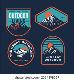 set collection of vintage adventure badge. Camping emblem logo with mountain illustration in retro hipster style.