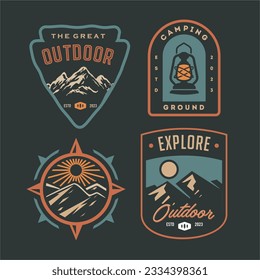 set collection of vintage adventure badge. Camping emblem logo with mountain illustration in retro hipster style.