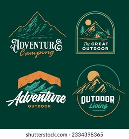 set collection of vintage adventure badge. Camping emblem logo with mountain illustration in retro hipster style.