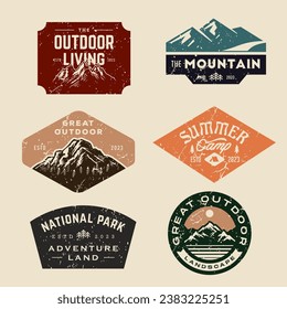 set collection of vintage adventure badge. Camping emblem logo with mountain illustration in retro hipster style.
