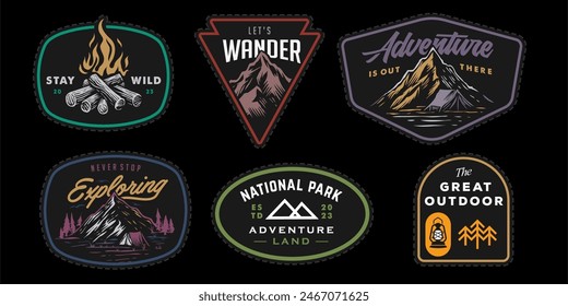 set collection of vintage adventure colorful badge. Camping emblem logo with mountain illustration in retro hipster style.