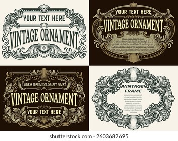 Set collection vintage border frame engraving with antique ornament pattern.