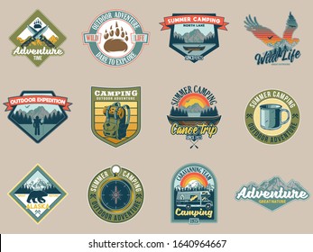 Set collection vintage colorful camping travel adventure emblems with eagle tent mountains river camper wild bear campfire ax forest. Badges sticker design American hipster travel vector illustration.