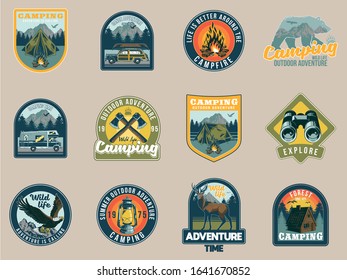 Set collection vintage colorful camping travel adventure emblems with eagle tent mountains river camper wild bear campfire ax forest. Badges sticker design American hipster travel vector illustration.