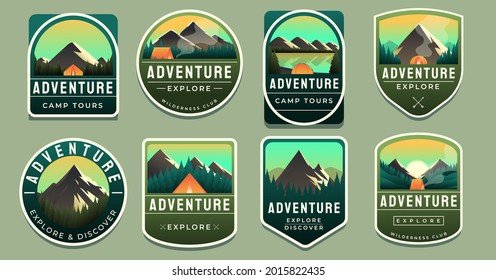 Set collection vintage colorful camping travel adventure emblems with eagle tent mountains river camper wild bear campfire ax forest. Badges sticker design vector illustration.