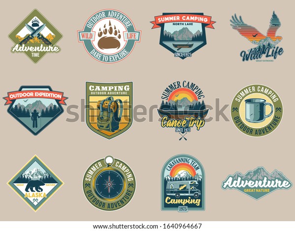Set collection vintage colorful camping\
travel adventure emblems with eagle tent mountains river camper\
wild bear campfire ax forest. Badges sticker design American\
hipster travel vector\
illustration.