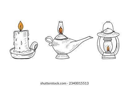 Set collection vintage hand-drawn line art of kerosene lamp, genie lamp, and candle with fire.