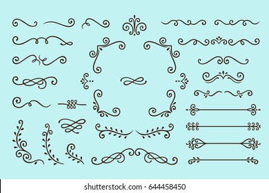 Set Collection of Vintage Ornament Elements on Blue Background