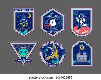 Set Collection Vintage Retro Space Sticker Pack Patch Badge Print For Clothes T Shirt For Kids. Vector Illustration With Space Spaceship Alien Ufo Astronaut Fly Discover The World Moon Mars Program