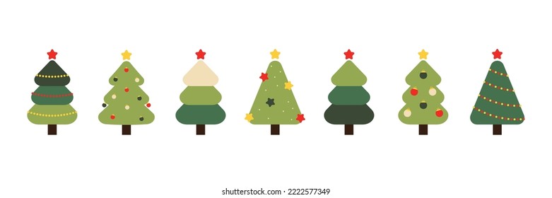 Set, collection of vintage, retro style decorated christmas tree icons for winter holidays design.
