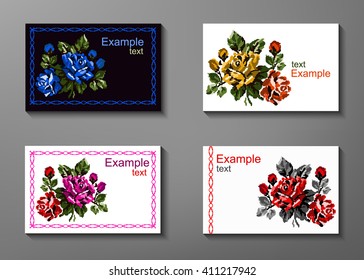 Set collection of visit cards  with ethnic ukrainian embroidery  (roses in blue, yellow, orange, pink, red and  green tones).Vector.