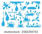 set collection of Water droplets and splashes elements. liquid flow, falling water droplets, flowing and splashing water movement.cartoon clip art illustration