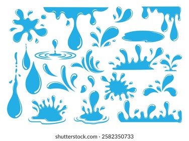 set collection of Water droplets and splashes elements. liquid flow, falling water droplets, flowing and splashing water movement.cartoon clip art illustration