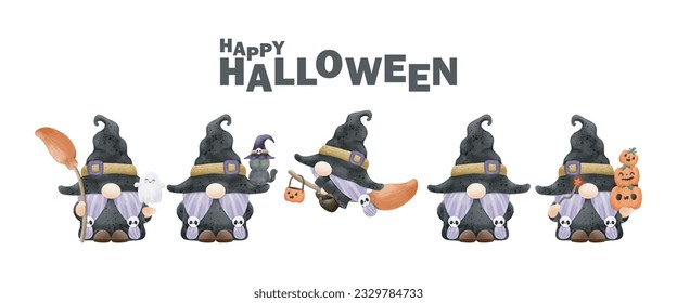 Conjunto de colección Watercolor gnomas lindos feliz grupo de la fiesta de Halloween gnomas ilustración vectorial sobre fondo blanco 