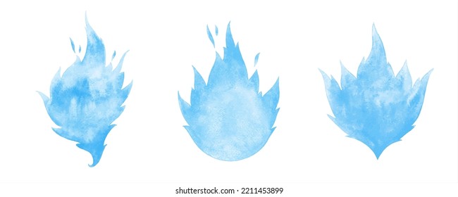 Set  collection watercolor vector fantasy  fairytale blue flames  tongues fire  Watercolour stains burning bonfire silhouettes  Winter illustrations  design elements  painted text backgrounds
