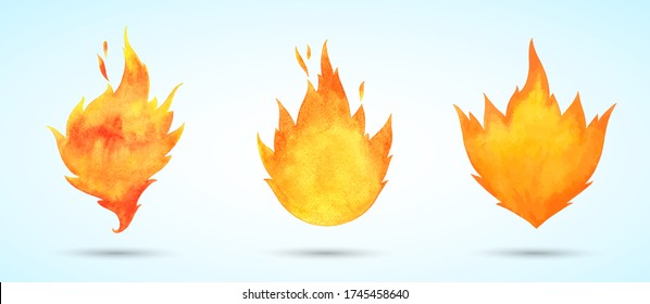 Set, collection of watercolor vector flames, tongues of fire. Watercolour stains burning bonfire, campfire silhouette. Illustration, design element, painted text background for camping, travel, hiking