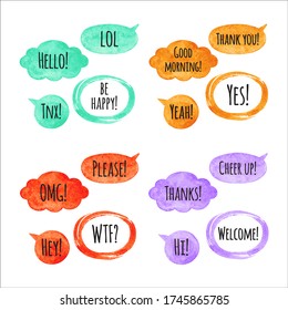 Set, colección de burbujas de voz de vectores de acuarela, globos de texto, nubes y marcos ovalados con Gracias, Hola grabado. Rojo, naranja, verde menta, acuarela violeta, elementos de diseño.