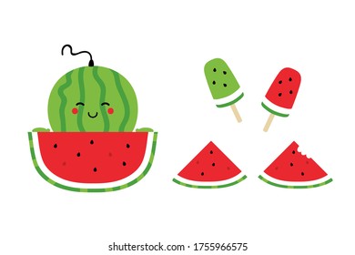 Set, collection of watermelon icons, illustrations for summer food design. Green watermelon smiling character, watermelon slices and popsicles.
