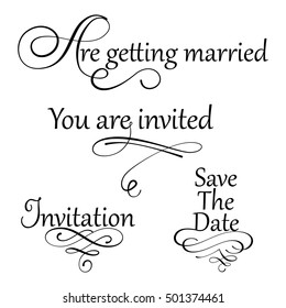Set collection of wedding calligraphy inscriptions in black isolated on white background. Perfect for invitations or announcements,  prints and posters, romantic style. Vector illustration.