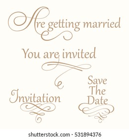 Set collection of wedding calligraphy inscriptions in black isolated on white background. Perfect for invitations or announcements, prints and posters, romantic style. Vector illustration.