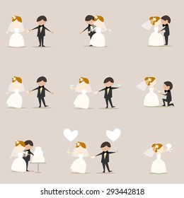 a set of collection of wedding cartoons of bride and groom