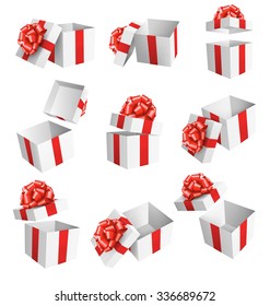 Set Collection of White Celebration Gift Boxes with Red Bows Isolated on White Background