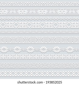 Set collection of white lace horizontal borders with shadow, ornamental paper lines isolated on grey background. Vector illustration.