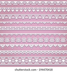 Set collection of white lace horizontal borders with shadow, ornamental paper lines isolated on pink background. Vector illustration.