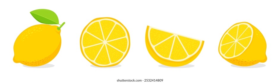 colección entera y media rebanada de Ilustración vectorial de fruta de limón, frutas dulces saludables