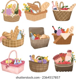Set Collection Wicker Picnic Baskets And Hampers Watercolor Vector Illustration