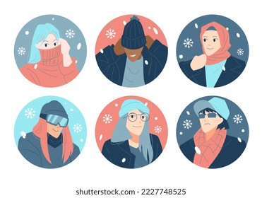 set collection of winter avatar characters. colorful cartoon illustration. modern fashion warm clothing. snowfall. snow icon.