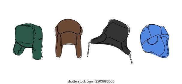 Set collection of winter trapper hat, earflaps cap, ushanka russian cap, fur hat. Editable line and colored. Vector illustration.