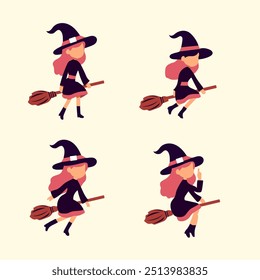 set of collection witch in halloween  with a broomstick vector set for elements, clipart and sticker