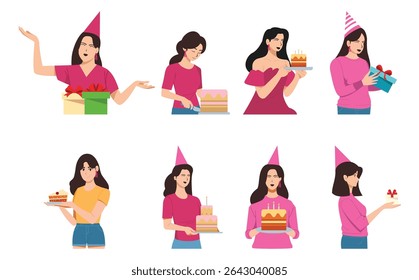 Set Collection of Woman Characters Celebrating Birthday