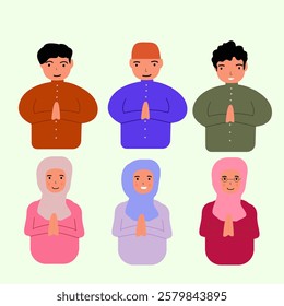 Set collection of women and men with muslim characters. Theme of Eid al-Fitr Ramadan. Forgive each other