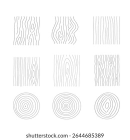 Set of collection wood grain vectors with tree rings, planks, and bark textures. Wooden logs textures. Wood concepts graphics, lumber circles top view. Vintage outline tree rings