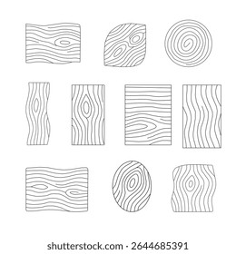 Set of collection wood grain vectors with tree rings, planks, and bark textures. Wooden logs textures. Wood concepts graphics, lumber circles top view. Vintage outline tree rings