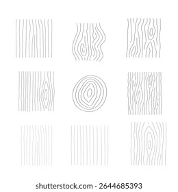 Set of collection wood grain vectors with tree rings, planks, and bark textures. Wooden logs textures. Wood concepts graphics, lumber circles top view. Vintage outline tree rings
