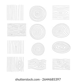 Set of collection wood grain vectors with tree rings, planks, and bark textures. Wooden logs textures. Wood concepts graphics, lumber circles top view. Vintage outline tree rings