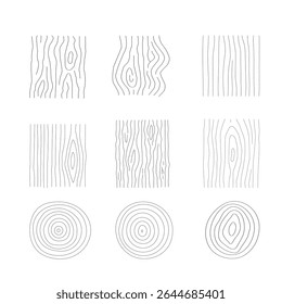 Set of collection wood grain vectors with tree rings, planks, and bark textures. Wooden logs textures. Wood concepts graphics, lumber circles top view. Vintage outline tree rings