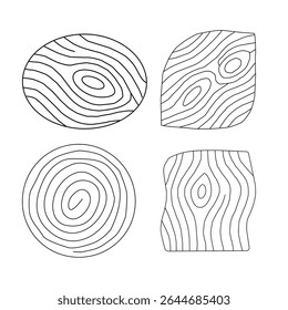 Set of collection wood grain vectors with tree rings, planks, and bark textures. Wooden logs textures. Wood concepts graphics, lumber circles top view. Vintage outline tree rings