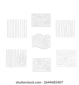 Set of collection wood grain vectors with tree rings, planks, and bark textures. Wooden logs textures. Wood concepts graphics, lumber circles top view. Vintage outline tree rings