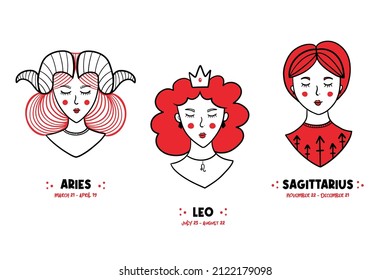 Set, collection of zodiac fire signs conceptual girls characters for astrology, horoscopes designs. Aries, Leo, Sagittarius zodiac signs.
